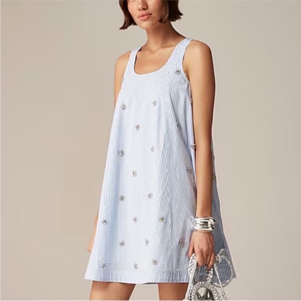 NEW J.Crew collection embellished shift dress in cotton poplin striped blue XS
